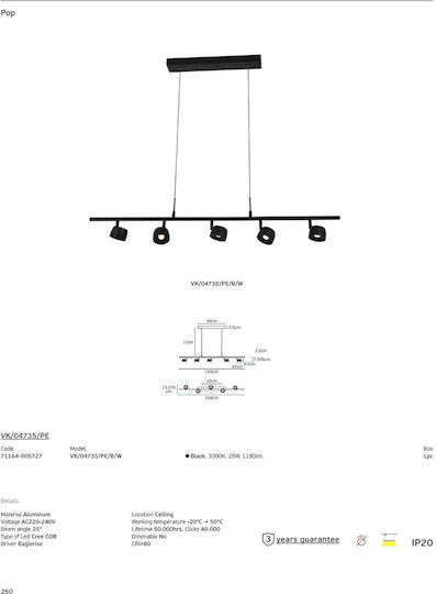 VK Lighting Κρεμαστό Φωτιστικό Μαύρο LED με Θερμό Λευκό Φως