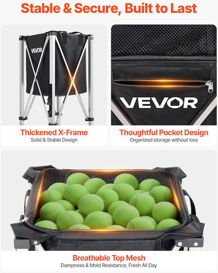 Vevor Tennis Pickleball Ball Collection Cart Foldable Wheels Stainless Steel Storage Bag Capacity 200 Balls Kzdwqsntc200be5dr001v0