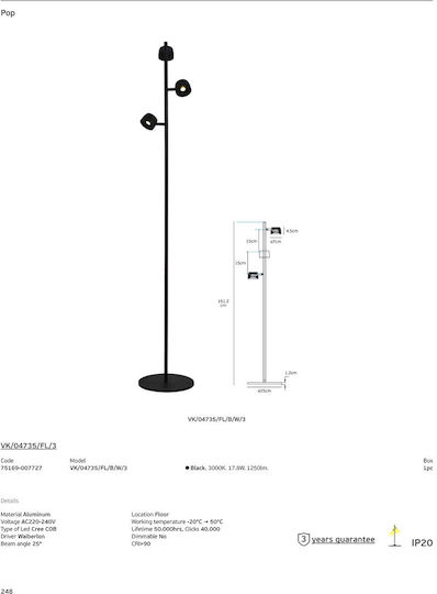 VK Lighting LED Фотистико Дапеду Υ151.2см с Топло Бяло Светлина 1250лм Черен