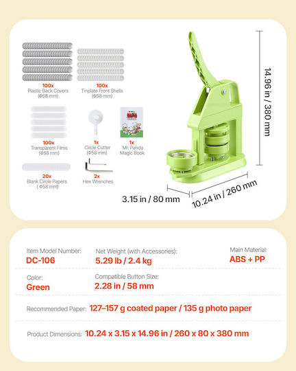 Vevor Μηχανή Κατασκευής Κονκάρδων 58 Mm Πλαστικό Pin Maker 100 Τεμάχια Κόφτη Κύκλου Εξάγωνα Κλειδιά Εργονομική Λαβή Diy Κονκάρδες Slkxzj58mmslepfby001v0