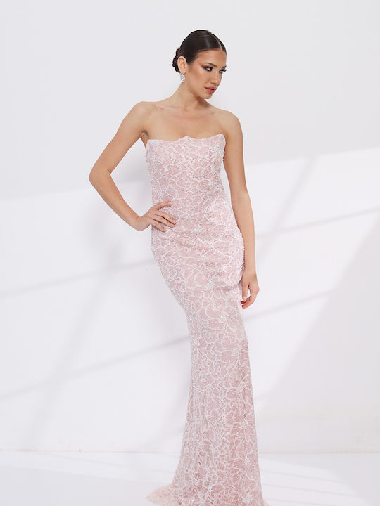 Rochie Maxi Pentru Nuntă / Botez Fără Bretele Roz