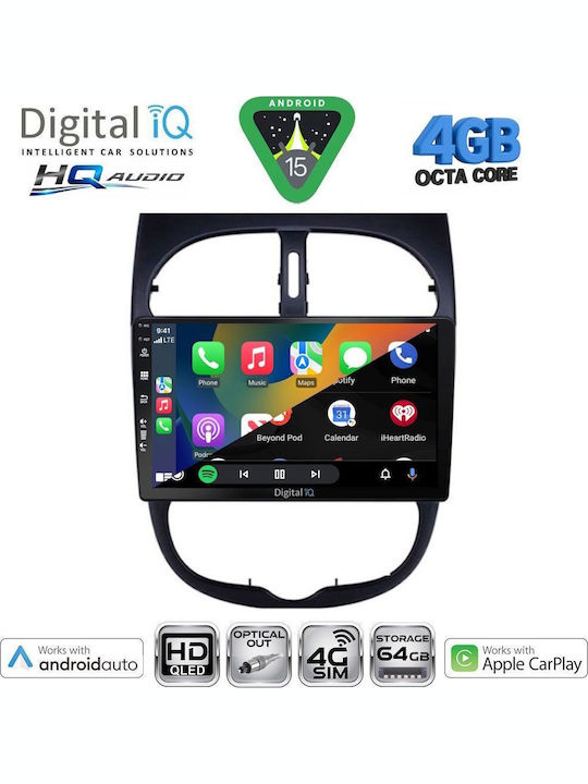 Digital IQ Car Audio System for Peugeot 206 1998-2006 Bluetooth USB WiFi GPS Apple CarPlay Android Auto with 9" Touch Screen