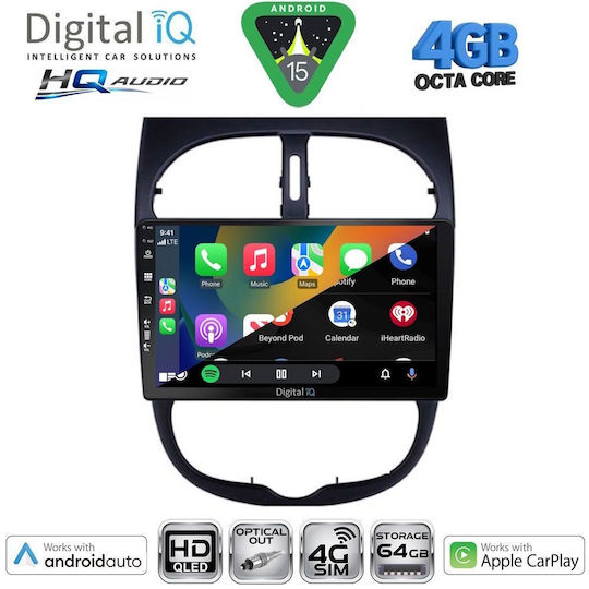 Digital IQ Car Audio System for Peugeot 206 1998-2006 Bluetooth USB WiFi GPS Apple CarPlay Android Auto with 9" Touch Screen