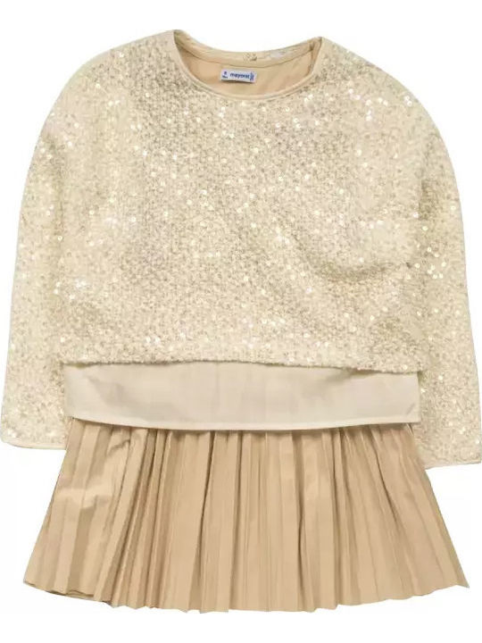 Children's Dress Long Sleeve with Sequins Beige