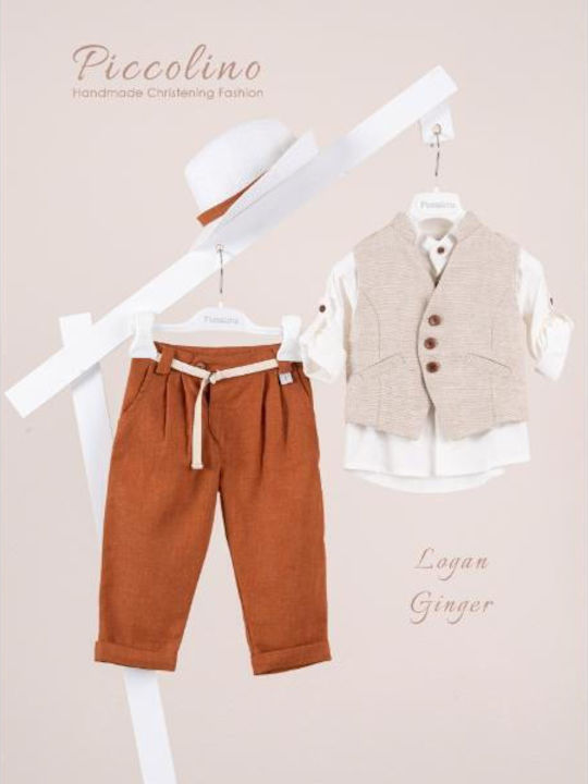 Piccolino Baptism Suit with Vest for Boys Linen Logan Tabac AG26S100 Ginger