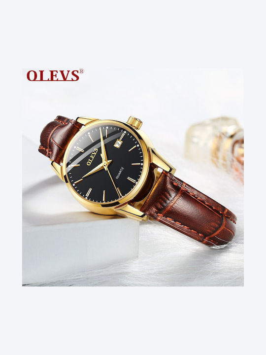 Olevs Ανδρικό Ρολόι 22mm Μπαταρίας με Καφέ Δερμάτινο Λουράκι