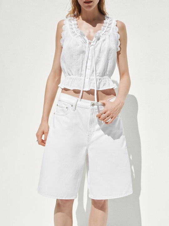 Γυναικείο Crop Top Βαμβακερό με Δαντέλα Fresh White