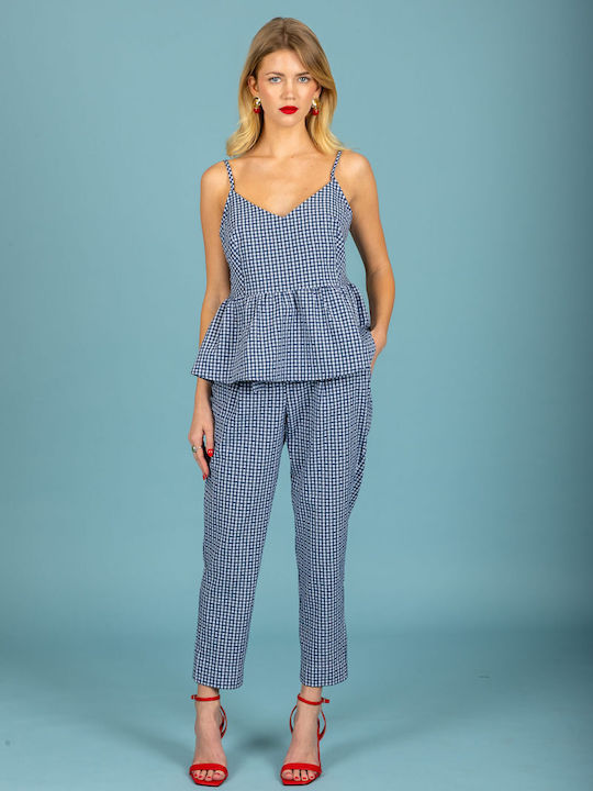 Women's Cotton Blouse with Spaghetti Straps Checked Blue