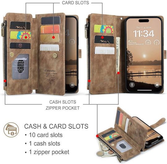 Caseme C30 Iphone 17 Pro Max Card Slots Zipper Wallet Leather Case Brown