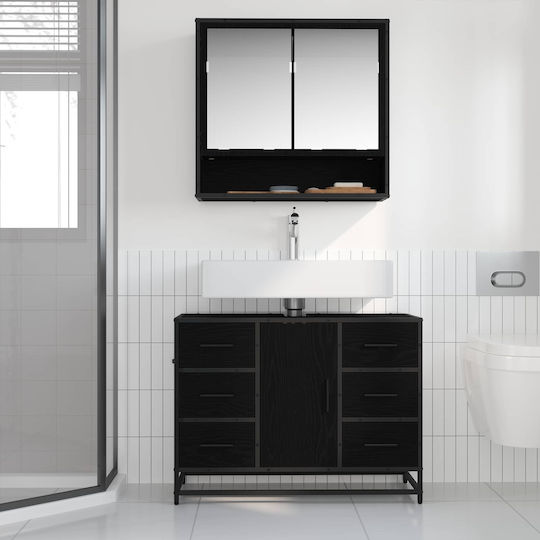 vidaXL Шкаф със Мивка, Огледало & Колона Д80xШ33xВ60см Black Oak