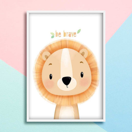 Kids Wall Art Lion with White Frame Made of Wood 40x50cm