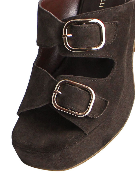 Δερμάτινα Mules με Ψηλό Τακούνι σε Καφέ Χρώμα