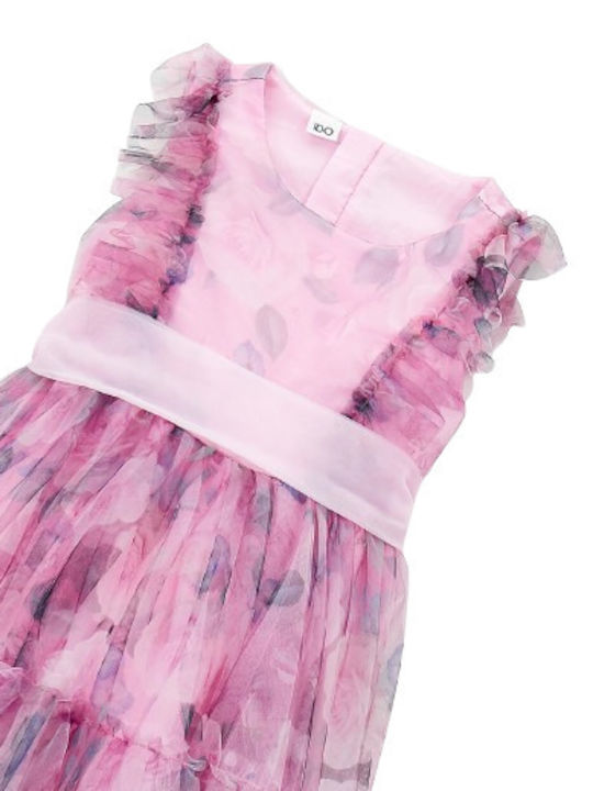 Mädchenkleid Ärmellos Tüll Blumen Set mit Zubehör Rosa