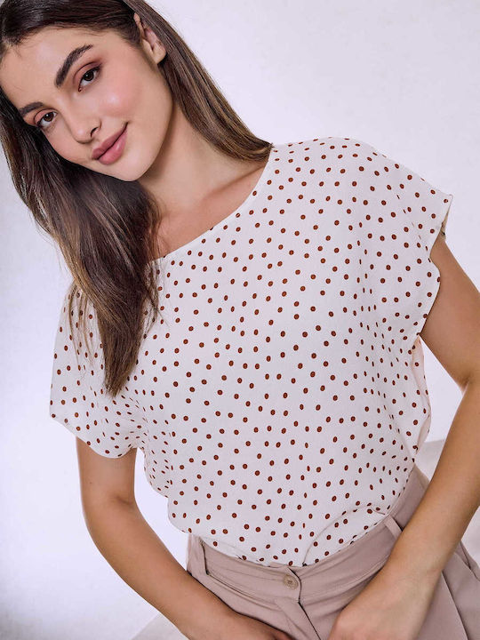 Celestino Women's Polka Dot Loose Fit Brown Blouse
