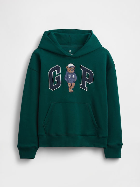 Fleece Επένδυση Παιδικό Φούτερ Cropped με Κουκούλα και Τσέπες Green Pine