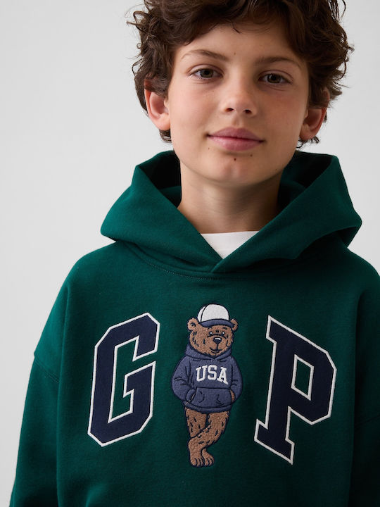Fleece Επένδυση Παιδικό Φούτερ Cropped με Κουκούλα και Τσέπες Green Pine