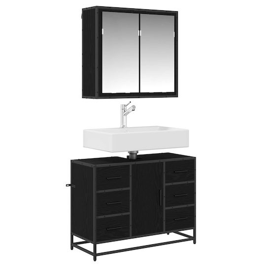 vidaXL Countertop with Sink, Mirror & Column L80xW33xH60cm Black Oak