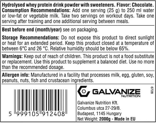 Galvanize Nutrition 100 Whey Hydro Zero Протеин от Суроватка с Вкус Шоколад 2kg