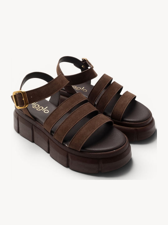 Braune Leder Multi Strap Chunky Flatforms