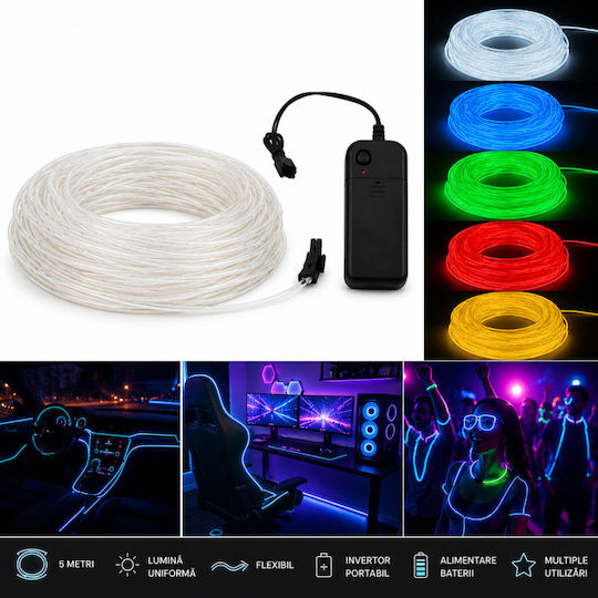Kit El Wire 5 Metri Invertor Portabil cu Baterie pentru Petreceri Gaming Tuning Auto