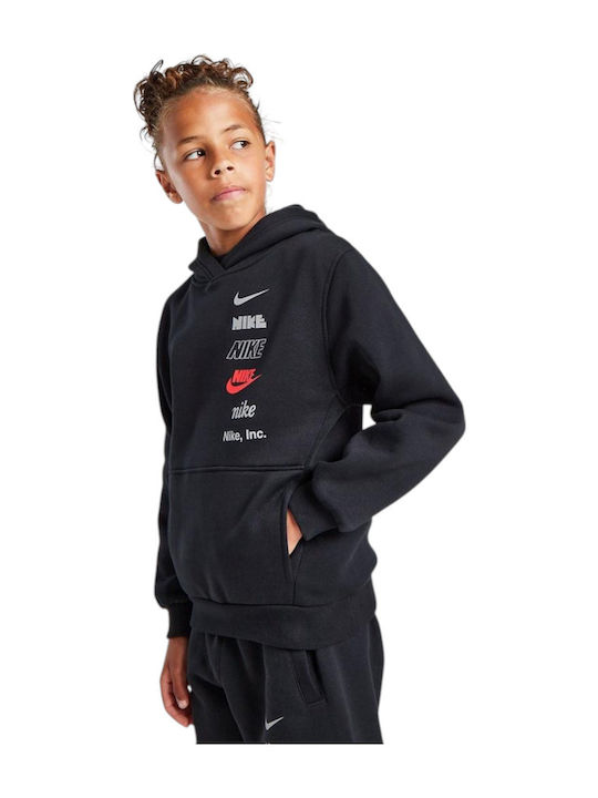 Полар Детски Суичър с Качулка и Джобове Черен Sportswear Club