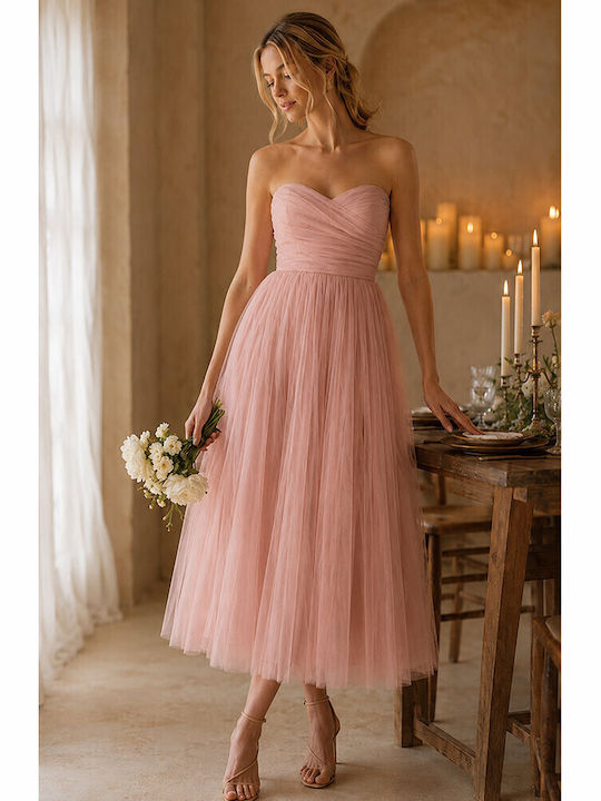 Καλοκαιρινό Midi Φόρεμα για Γάμο / Βάπτιση Strapless με Τούλι Ροζ