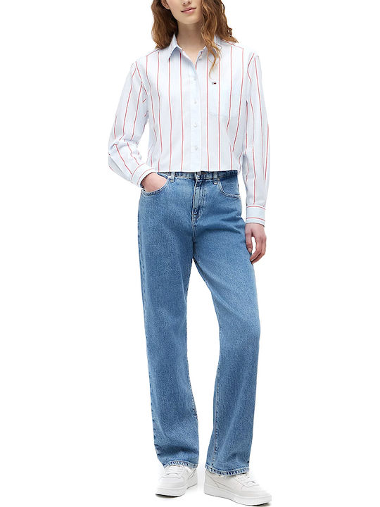Long Sleeve Women's Denim Shirt Red-White-Light Blue Striped