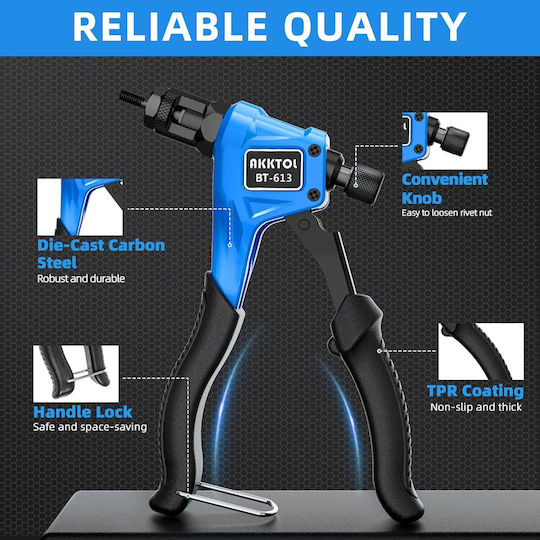 Clește Pentru Nituri Akktol Set Complet Nituri Filetate 4 Mandrine M3 M4 M5 M6 100 Piulițe Incluse Clește Din Oțel Aliat Mâner Ergonomic Antialunecare Cutie De Transport Pentru Table Metalice Mobilier Metalic Diy