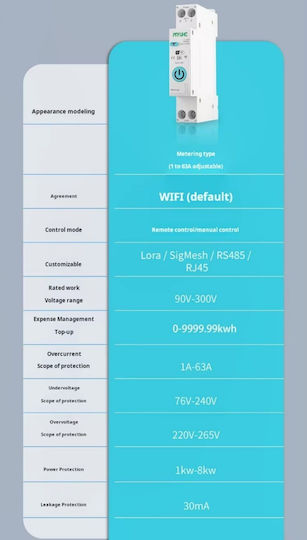 Wi-Fi Smart RCBO 63A DIN Rail with Residual Current Relay 30mA Consumption Meter kWh Overvoltage Under Voltage and Overcurrent Protection Tuya Smart