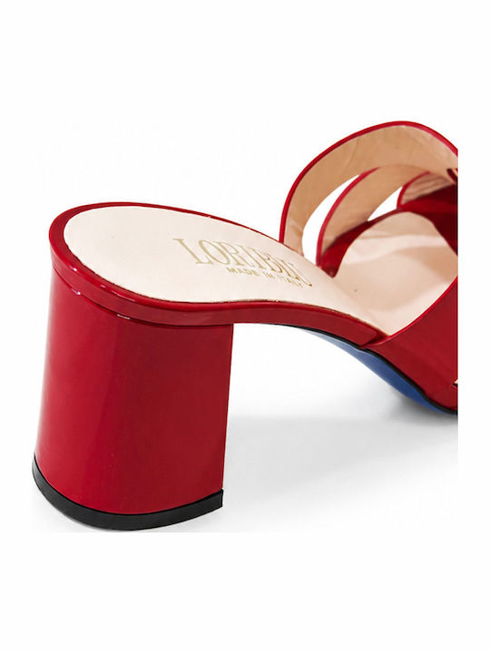 Leather Women's Mules with Thin Heel in Red Color
