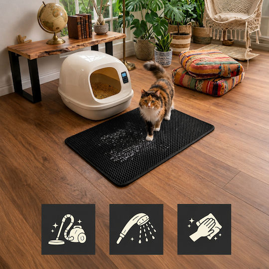 Covoraș De Litter Pentru Pisici Zola Xxl Dublu Tip Miere Anti-Alunecare Rezistent La Apă 75 X 55 Cm Negru
