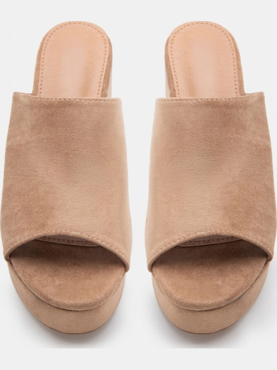 Wildleder Damen Pantoletten mit Hochabsatz in Beige Farbe