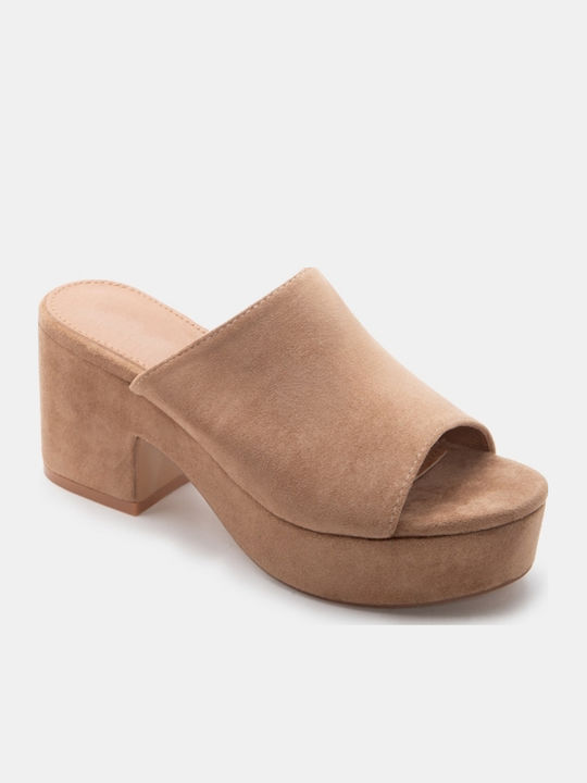 Wildleder Damen Pantoletten mit Hochabsatz in Beige Farbe