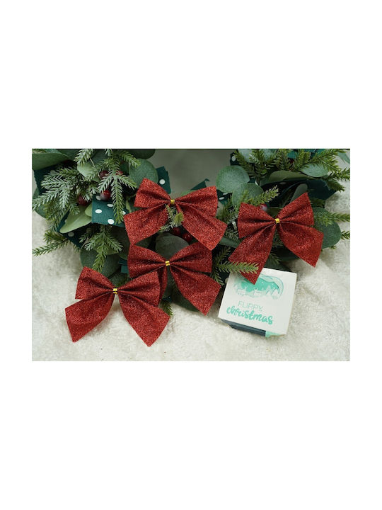 Set 6 Christmas Tree Bows Red Classic Glitter 8 X 9 Cm Polyester Alista Home
