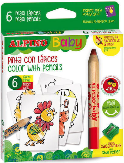 Alpino Creioane Colorate Set 6 Culori 6 Cartonașe cu Animale de Colorat Alpino Baby Maxi