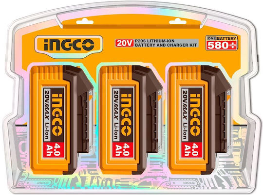 Ingco Set 3 Lithium Werkzeugbatterien 20V mit Batteriekapazität 4Ah