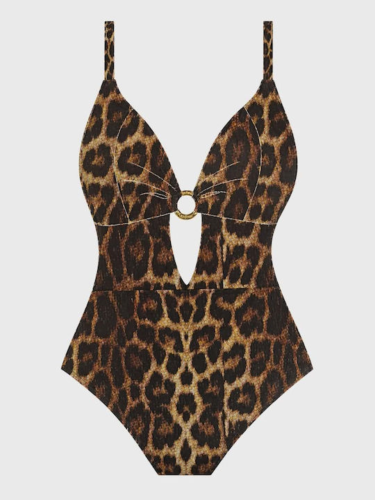 One Piece Swimsuit With Light Padding For Large Bust Animal Print Brown Leopard
