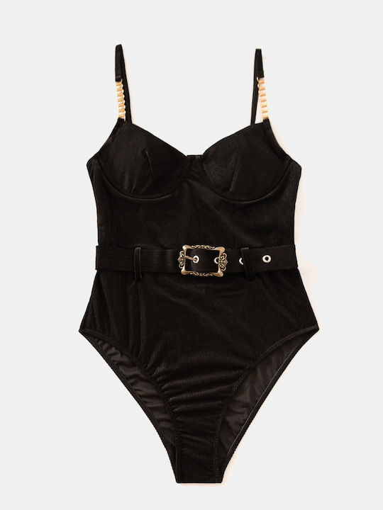 One Piece Swimsuit Velvet Belt Black Size S Black