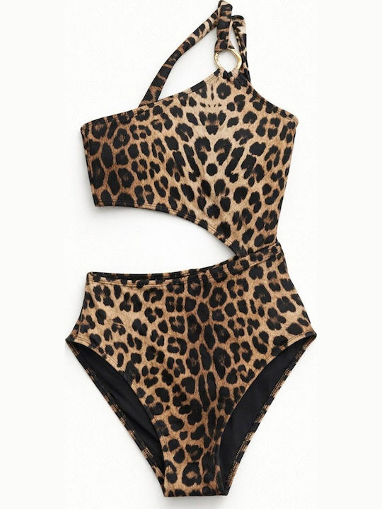 Ολόσωμο Μαγιό με Έναν Ώμο Animal Print Καφέ