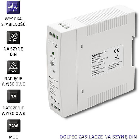 Qoltec DIN-Schienen-Netzteil mit Ausgang 24V und Leistung 24W 1A