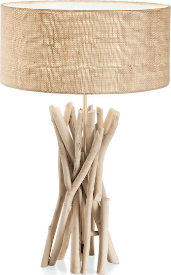 Ideal Lux Driftwood Holz Vintage Tischlampe für Fassung E27 mit Beige Schirm und Basis