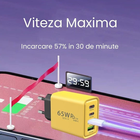 Alista Home Incarcator Fără Cablu cu 2 Porturi USB-A și 2 Porturi USB-C 65W Power Delivery / Quick Charge 3.0 Galben (161978)