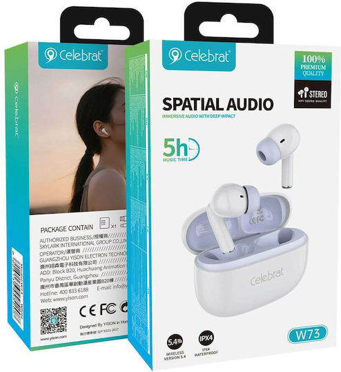 Celebrat W73 In-ear Bluetooth Handsfree Ακουστικά με Αντοχή στον Ιδρώτα και Θήκη Φόρτισης Λευκά