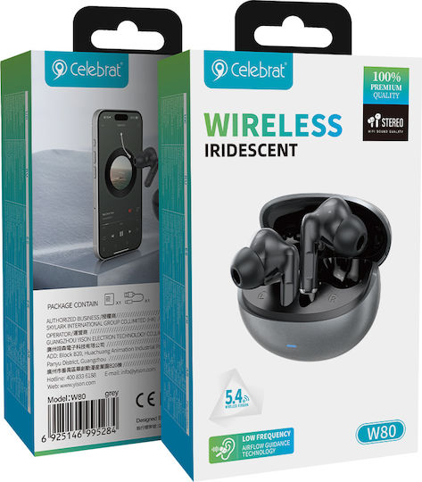 Celebrat W80 In-ear Bluetooth Handsfree Ακουστικά με Αντοχή στον Ιδρώτα και Θήκη Φόρτισης Γκρι