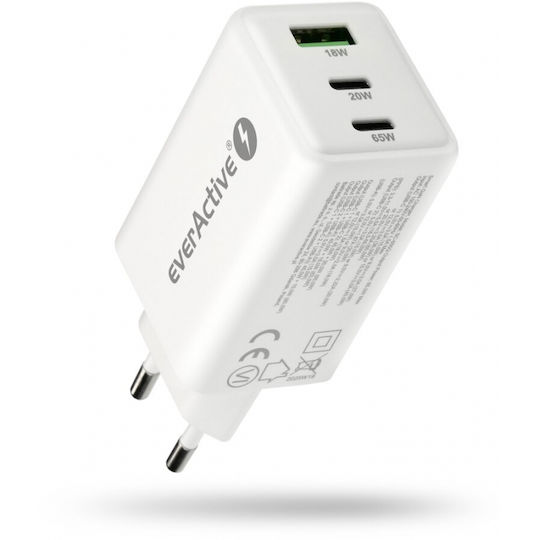 everActive Φορτιστής Χωρίς Καλώδιο GaN με Θύρα USB-A και 2 Θύρες USB-C 65W Power Delivery / Quick Charge 4+ Λευκός (SC-655Q)