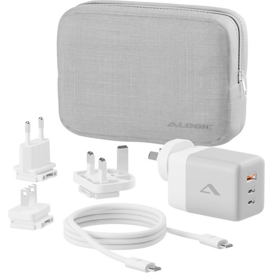 Alogic GaN Charger With USB-A Port And 2 USB-C Ports And USB-C - USB-C Cable 100W White Rapid Power