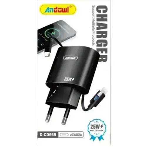 Andowl Φορτιστής με Θύρα USB-C και Καλώδιο USB-C 25W Μαύρος (Q-CD669)