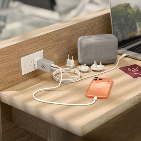 Alogic GaN Charger With USB-A Port And 2 USB-C Ports And USB-C - USB-C Cable 100W White Rapid Power