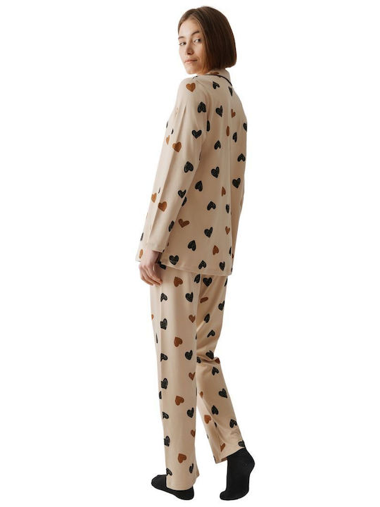 Minerva Χειμερινό Γυναικείο Σετ Πιτζάμας Beige, Black Hearts Minerva Χειμερινό Γυναικείο Σετ Πιτζάμας Beige, Black Hearts