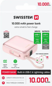 Swissten Power Bank 10000mAh 20W με Θύρα USB-C Ροζ